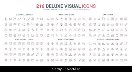 Industria energetica e produzione, garage auto, set di icone della linea di processi di automazione. Strumenti per elettricisti, dispositivi elettrici e macchinari sottili simboli di contorno neri e rossi illustrazione vettoriale Illustrazione Vettoriale