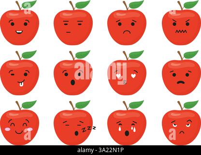 Un bel viso emotivo di Apple. Carattere di frutta con emozioni diverse, mele rosse arrabbiate sorriso triste felice. Adesivi isolati, mascotte per bambini, neoteri Illustrazione Vettoriale