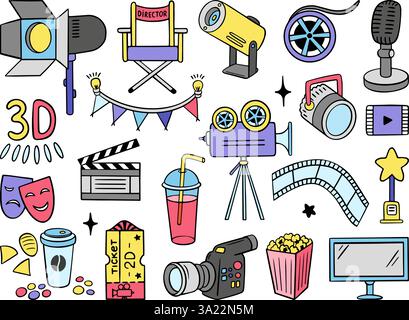 Icone dei filmati. Simboli cinematografici in stile doodle, videocassette, macchine fotografiche, lavagna, sedia regista, biglietto. Elementi vettoriali neoterici di intrattenimento disegnati a mano Illustrazione Vettoriale