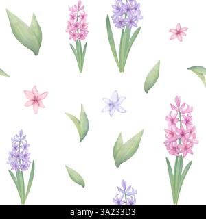 Giacinti rosa e viola e foglie verdi senza cuciture. Illustrazione botanica disegnata a mano in stile acquerello. Sfondo floreale per carta da parati Foto Stock