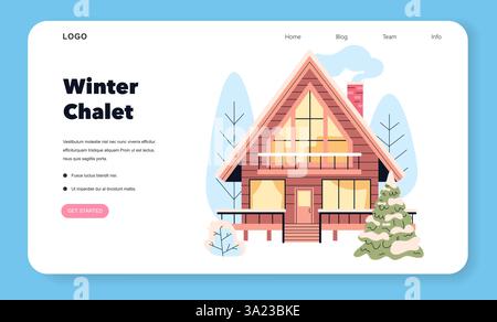 Concetto di Chalet invernale. Un'accogliente fuga in montagna con una cabina in legno circondata da alberi innevati. Ideale per avventure invernali o vacanze. Perfetto per esplorare le attività stagionali. Illustrazione vettoriale. Illustrazione Vettoriale