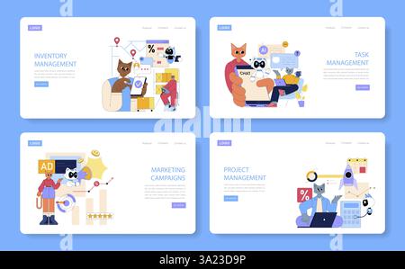 Illustrazione vettoriale dei processi aziendali che mostra aree chiave come la gestione dell'inventario, la gestione delle attività, le campagne di marketing e la gestione dei progetti. Ogni sezione presenta personaggi e icone coinvolgenti. Illustrazione vettoriale. Illustrazione Vettoriale