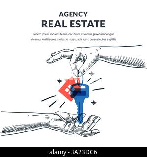 Una persona dà la chiave a un'altra. Vendita immobiliare, acquisto, affitto, prestito, concetto di mutuo. Illustrazione vettoriale disegnata a mano del venditore e dell'acquirente Illustrazione Vettoriale