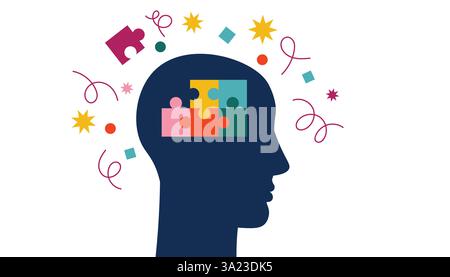 Puzzle colorato nella testa umana. Ricerca creativa della soluzione. Concetto di generazione di idee, immaginazione, visione brillante. Illustrazione Vettoriale