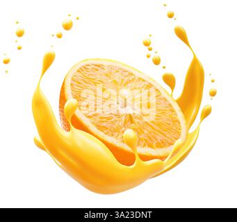Arance in succhi di frutta splash isolato su uno sfondo bianco. Foto Stock