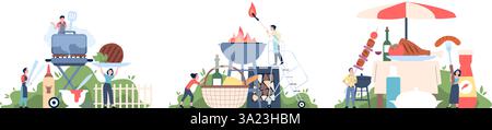 Scene di barbecue. Piccole persone che preparano barbecue, carne alla griglia e verdure. Picnic, amici e famiglia che mangiano insieme. Cibo fatto in casa, vettore recente Illustrazione Vettoriale
