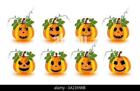 Set di zucche di Halloween con facce diverse isolate su sfondo bianco. Illustrazione vettoriale Illustrazione Vettoriale