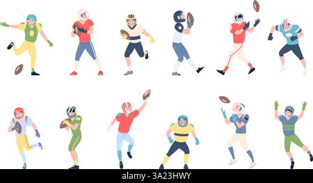 Football americano. Giocatori di rugby in uniforme sportiva. Gli atleti piatti isolati giocano con la palla a mano, gli sportivi in posizioni diverse. Personaggi del concorso Illustrazione Vettoriale
