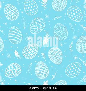 Sfondo senza cuciture con uova di Pasqua, foglie e fiori. Illustrazione vettoriale Illustrazione Vettoriale