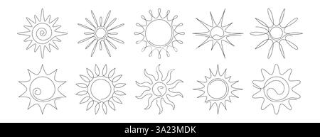 Doodle art Vector Set of Continuous line Sun. Simbolo estivo in stile semplice e lineare. Singole icone sottili del sole, elementi meteorologici del sorgere del sole con travi. B Illustrazione Vettoriale