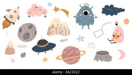 collezione di pianeti, stelle in stile boho per bambini. Illustrazione vettoriale. bambini e spazio. set di illustrazioni spaziali per la stanza dei bambini Illustrazione Vettoriale
