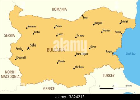 Mappa della Bulgaria con le principali città e i paesi vicini Foto Stock