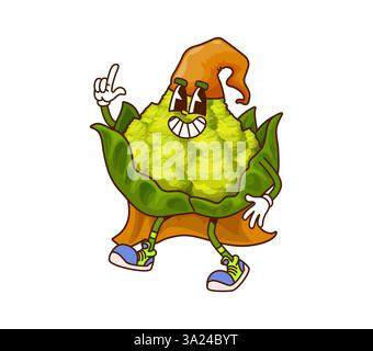Cartoon Groovy Romanesco cavolo mago Halloween personaggio vegetale. Veg vettoriale stravagante con sorriso allegro, foglie verdi fresche, mantello stregone e. Illustrazione Vettoriale