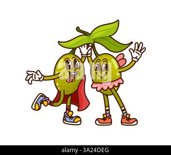 Cartoni animati di Halloween due personaggi di verdure d'oliva, adornati da divertenti abiti con mantello mago e abito da fata, sorridenti e ondulati allegramente. VECTO Illustrazione Vettoriale