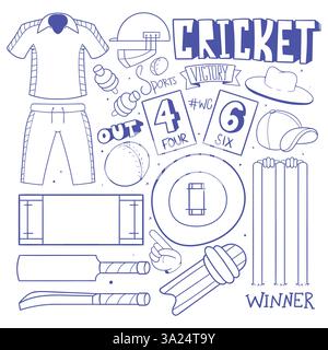 Illustrazioni di Cricket Sports Doodle. vettore di scarabocchi di cricket disegnato a mano. cricket doodle art vector Illustrazione Vettoriale