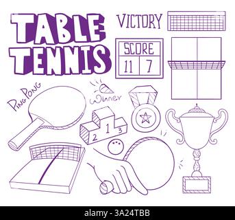 Illustrazioni di pong-tennis e doodle sportivi. vettore di tracciatori da ping pong disegnato a mano. oggetti d'arte per ping pong ping pong Illustrazione Vettoriale