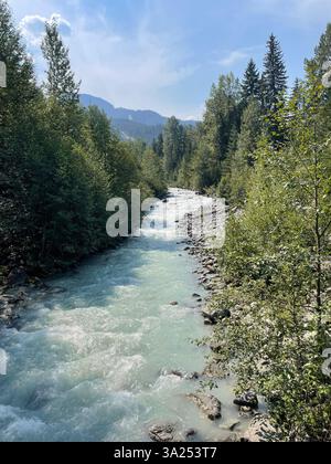 Un fiume incontaminato che scorre attraverso la natura selvaggia canadese, circondato da vegetazione lussureggiante e aspri paesaggi di montagna. Foto Stock