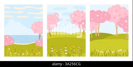 Set di coperture di tendenza con paesaggio a molla piatta. Disegna sfondi primaverili con alberi, fiori e montagne fluviali. Pagina catalogo brochure, sistema di pianificazione notebook. Illustrazione vettoriale grafica modificabile per i bambini Illustrazione Vettoriale