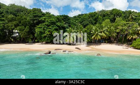 Spiaggia alberata di palme con dolci onde turchesi. Seychelles, Mahe. Sunset Beach. Foto Stock