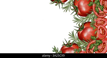 Cornice ad acquerello con pomodori rossi maturi, rosmarino verde e pezzi a fette su sfondo bianco. Adatto per menu, confezioni, ricette, design gastronomico e progetti culinari. Foto Stock