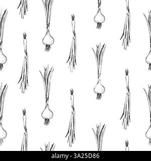 Motivo senza cuciture con cipolle verdi fresche e giovani. Illustrazione grafica vettoriale isolata. Verdi sani. Schizzo disegnato a mano. Verdura Bunch. Verdure Illustrazione Vettoriale