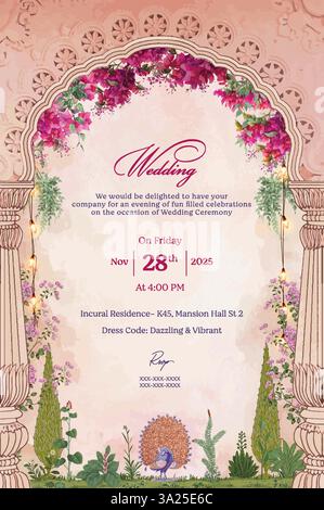 Design della carta d'invito per matrimoni moghul con un arco ornato, fiori di bouganville sulla sommità dell'arco e un pavone regale. illustrazione vettoriale Illustrazione Vettoriale