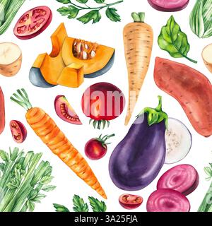 Acquerello vegetale. Verdure disegnate a mano sullo sfondo. Acquerello senza cuciture con verdure per la progettazione di alimenti, tessuti, tessuti, menu, Foto Stock