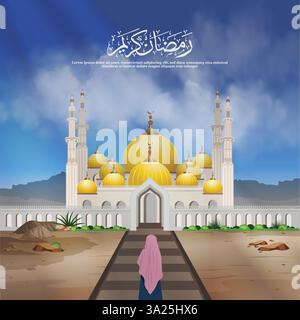 Una grande moschea con minareti bianchi sotto un cielo sereno. Una donna in un hijab cammina verso di esso, simboleggiando la fede. Illustrazione Vettoriale