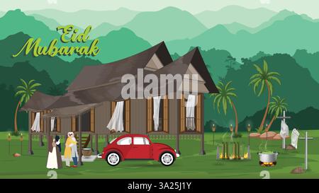Ramadan e Eid celebrazione in un tradizionale villaggio malese. Illustrazione Vettoriale