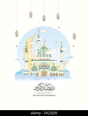 Moderna illustrazione Ramadan di stile piatto con minareti e lanterne islamiche. Design islamico a tema pastello. Illustrazione Vettoriale