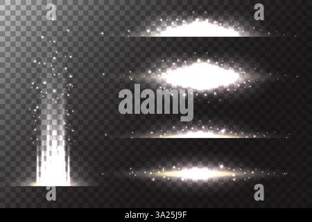 Effetto luminoso delle stelle brillanti. Linee di flash luminoso e glitter. Il dorato illumina i fasci su sfondo trasparente. Riflesso Sunburst. Astratto Illustrazione Vettoriale