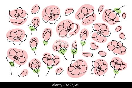 Set di fiori di ciliegio. Illustrazione di contorno. Stile doodle. I fiori di ciliegio disegnati a mano isolano su bianco. Collezione Sakura. Illustrazione Vettoriale