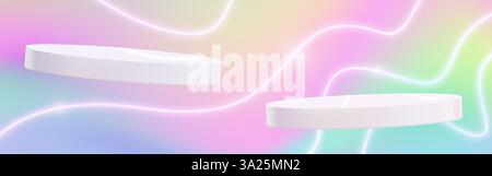 Podi bianchi a piedistallo su sfondo olografico: Piattaforme futuristiche che fluttuano in uno spazio luminoso al neon. Supporti per display illuminati 3d lucidi. Piedistalli per vetrina di prodotti color pastello iridescenti. Illustrazione Vettoriale