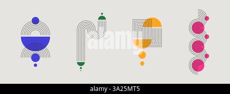 Collezione di forme geometriche astratte: Archi concentrici, linee curve, cerchi dai colori brillanti. Elementi minimalisti di ispirazione retrò per un design moderno. Illustrazioni e motivi stilizzati della metà del secolo. Illustrazione Vettoriale