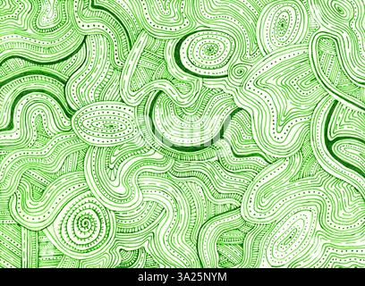 Sfondo riempito con motivi. Sottili linee verdi, punti, onde su sfondo bianco. Doodle. Ornamento caotico. Trama. Diverse sfumature di verde Foto Stock