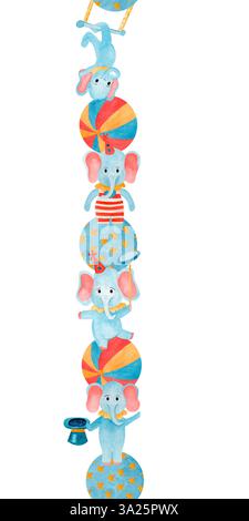 Illustrazione di un cartone animato ad acquerello con bordo verticale senza cuciture. Elefanti del circo: Giocoleria, illusionista, uomo forte, ginnastica. Disegnato a mano Foto Stock