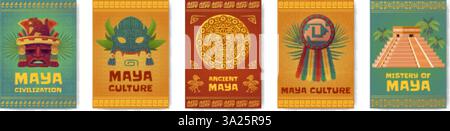 Poster della civiltà Maya. Copertina della cultura inca degli aztechi Maya con testo, antica cultura della tribù preistorica messicana religione rituale disegno di carta da parati a fumetti, stravagante illustrazione vettoriale, opere d'arte originali Illustrazione Vettoriale