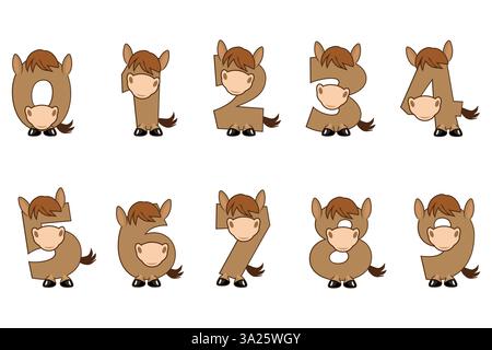 Numeri del cavallo del personaggio divertente, figure da 0 a 9. Cartone animato di numeri con un concetto di animale. Calligrafia, lettere, tipografia per le schede didattiche o. Illustrazione Vettoriale