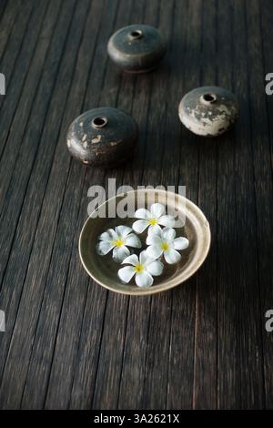 Petali del fiore dell'orchidea in una ciotola d'acqua. Spie olio. Foto Stock