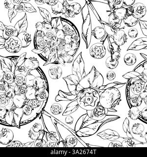 Un mucchio di mirtilli e mora su un piatto di ceramica, foglie di piante su rami disegnati a mano in un vettore di inchiostro, bacche di bosco mature. Modello senza cuciture isolato Illustrazione Vettoriale