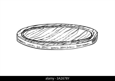 Tagliere rotondo in legno nell'illustrazione grafica vettoriale della vista laterale dipinta con inchiostri neri. Vassoio per tagliare o servire alimenti. Illustrazione Vettoriale