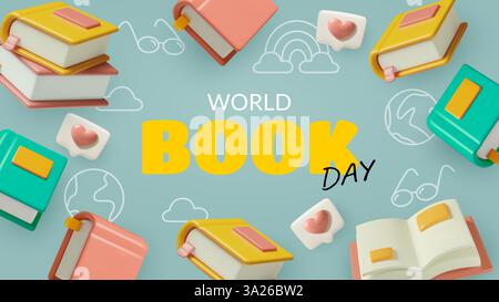 Banner World Book Day e Reading Concept con libri volanti in 3d su sfondo verde Illustrazione Vettoriale