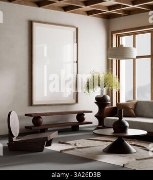 l'interno del soggiorno è ripreso con mobili moderni. Modello di telaio per poster con interni dal design moderno. Illustrazione 3D. Foto Stock