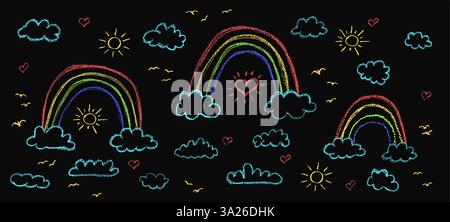 Set di nuvole astratte a matita e arcobaleno. Cartoon disegnato a mano cielo nuvoloso e sole. Collezione di illustrazioni vettoriali di cuori e uccelli colorati Illustrazione Vettoriale