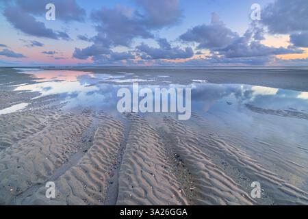 Tramonto sulla spiaggia in Zelanda con bei riflessi sulla spiaggia e colori vivaci - un'immagine del paesaggio Foto Stock