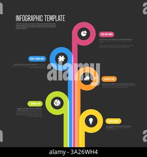 Un moderno modello infografico con linee colorate e curve che portano a icone circolari e segnaposto di testo. Questo design scuro e vivace è ideale per il tempo Illustrazione Vettoriale