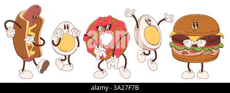Collezione di personaggi per la colazione: Illustrazioni vettoriali di cartoni animati retrò di hot dog, ciambelle, metà uova e hamburger. Funky mascotte vintage di cibo e spuntini con stravaganti vibrazioni anni '70 per design da caffè. Illustrazione Vettoriale