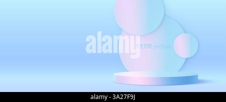 Podio circolare con ologramma su sfondo sfumato blu scuro - piattaforma di visualizzazione 3d con forme rotonde geometriche fluttuanti. Espositore minimalista in uno spazio espositivo color neon pastello. Illustrazione Vettoriale