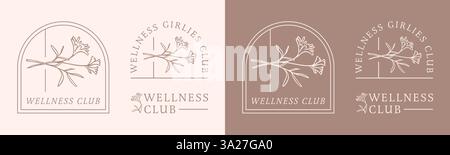 Wellness club logo ragazze donne donne cura di sé vita sano badge camicia design pacchetto boho retro elegante estetica spa floreale di lusso. Illustrazione Vettoriale