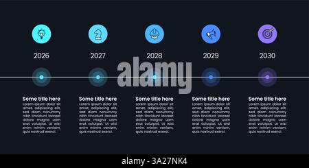 Modello infografico con icone e 5 opzioni o passaggi. Linea temporale orizzontale. Può essere utilizzato per layout del flusso di lavoro, diagrammi, banner, webdesign. Illus vettoriale Illustrazione Vettoriale